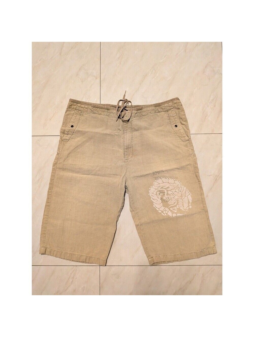 DKNY Men's Tan Khaki Sand 100% Linen Drawstring Shorts Size XL Hawaiian